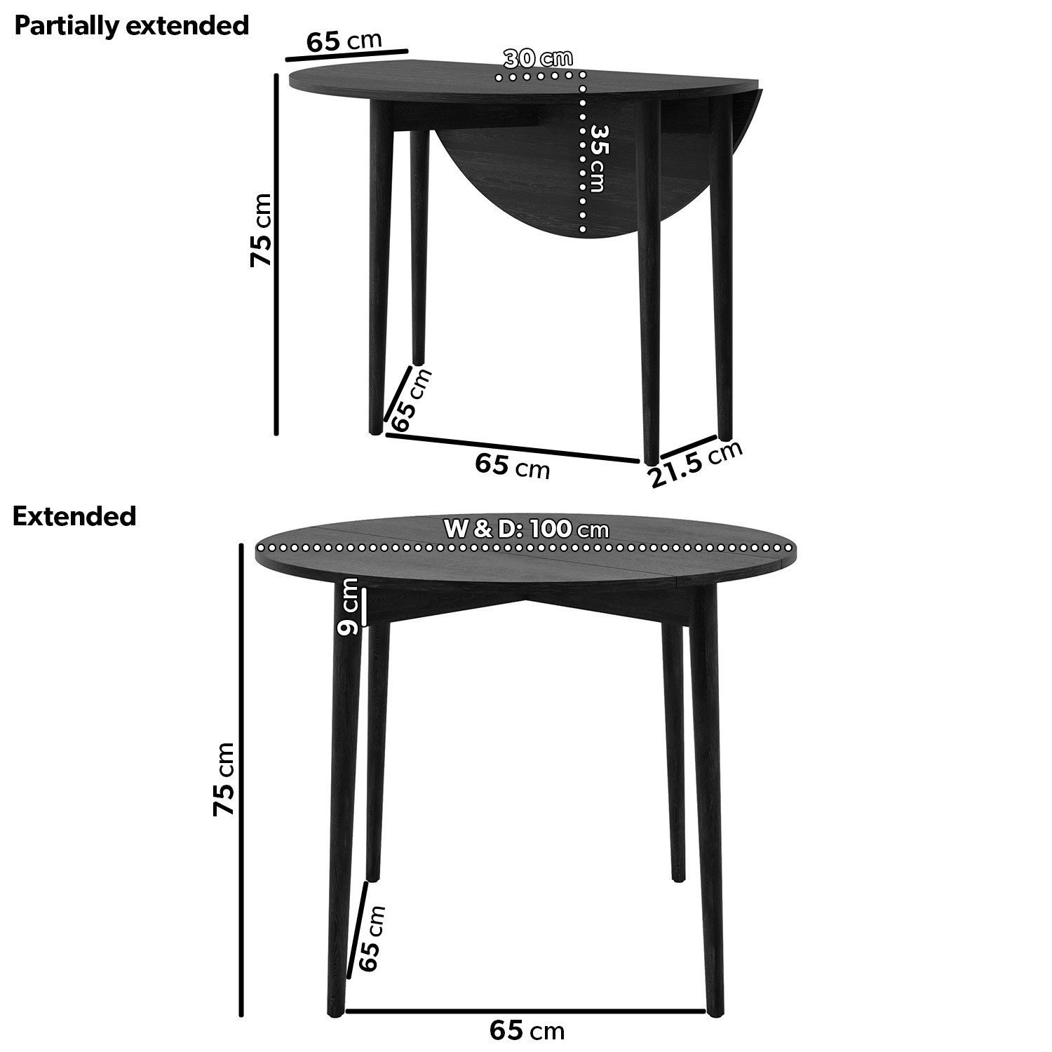 Read more about Small round black folding drop leaf dining table seats 2-4 rudy